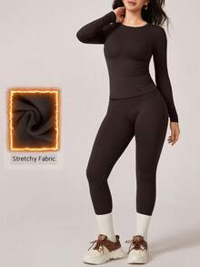 NcmRyu 1 Set Women Fleece Elastic Crew Neck Long Sleeve Tight Fit Pants Sports Suit