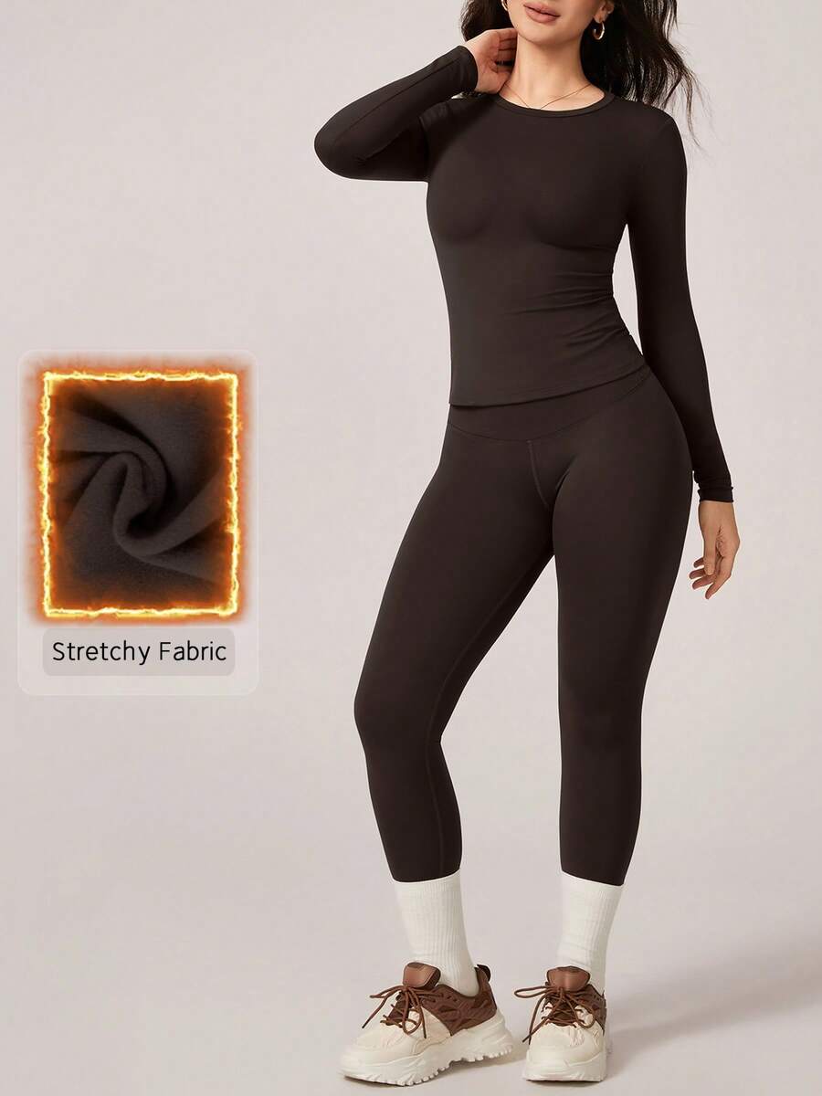 NcmRyu 1 Set Women Fleece Elastic Crew Neck Long Sleeve Tight Fit Pants Sports Suit