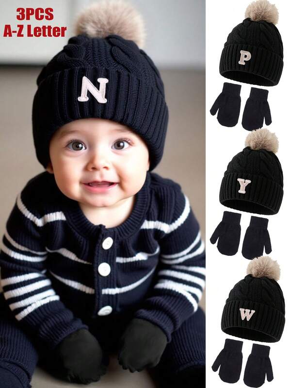 Conjunto de 3 piezas de gorros y guantes de punto con pompón de letra A-Z para bebés, combinados con gorros cálidos de otoño e invierno para recién nacidos, niños pequeños, niños y niñas, gorros suaves y cómodos para actividades al aire libre