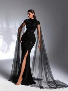 IBTRLY Elegant Luxury Fashion Black High Collar Sequin Beaded Applique High Slit To Thigh Formal Evening Party Wedding Guest Bachelorette Graduation Prom Gown, For Valentine's Day - Black - View 6