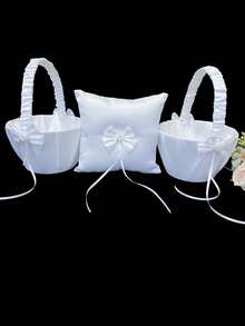 三件套婚礼配饰：白色缎面蕾丝蝴蝶结花篮+戒指枕+吊袜带，优雅装饰新娘和花童婚礼仪式 - 彩色 - 查看 3