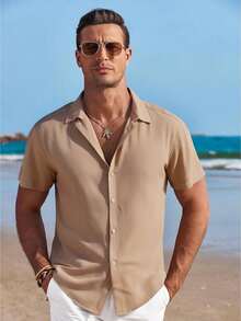 Men's Basic Plain Short-Sleeved Dress Shirt For Summer - Beige - View 2