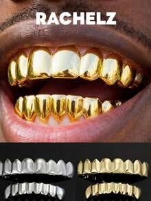 RACHELZ Hip Hop Top Bottom 8/8 Smooth Surface Teeth Grillz Classic Punk Glossy Tooth Caps For Women Men Couple Jewelry Party Gift Dental Grills - Black - View 1