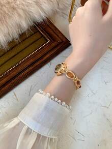 1pc Women's Gold/Green Wrist Watch, Minimalist New Small Dial Design, Elegant & Fashionable, Quartz Movement, Suitable For Daily Wear/Party - 棕色 - 查看 4