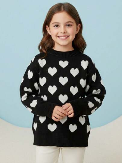 Suéter Feminino Infantil Menina Tricot Tricô Modal Com Corações Estampa Confortável de Frio Casual Escola