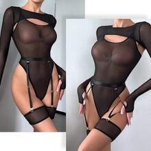 Women's Sexy Mesh Bodysuit, Long Sleeve Shrug Top Cami Jumpsuit With Garter Belts And Leg Rings For Rave, Nightclub - 黑色 - 查看 4