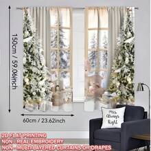 2pcs Christmas, Christmas Tree, Reindeer Plush Decor, Flat Print Voile Curtains, Rod Pocket Top, Quality Polyester Fabric, Thick & Durable, Washable, Fade-Resistant, Warm & Cute Christmas Home Decor, Suitable For Bedroom, Living Room, Kitchen, Office, Party