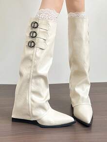 Bốt cao đến đùi màu trắng kiểu Pháp dành cho nữ, bốt cao gót mũi nhọn xếp ly, bốt giữ ấm chân thời trang - trắng - Xem 7