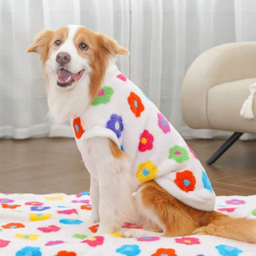 1 pieza Chaleco/Chaqueta térmica con forro floral cálido para perros medianos/grandes, ropa para mascotas para Golden Retriever, Border Collie, Labrador - Blanco - Ver 1