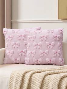 1/2Pcs Farmhouse Pink Bow Pillowcase Plush Square Single-Sided Pillow Cover Living Room Sofa Bedroom Home Decoration Car Cushion Cover Without Pillow Core - Pink - View 1