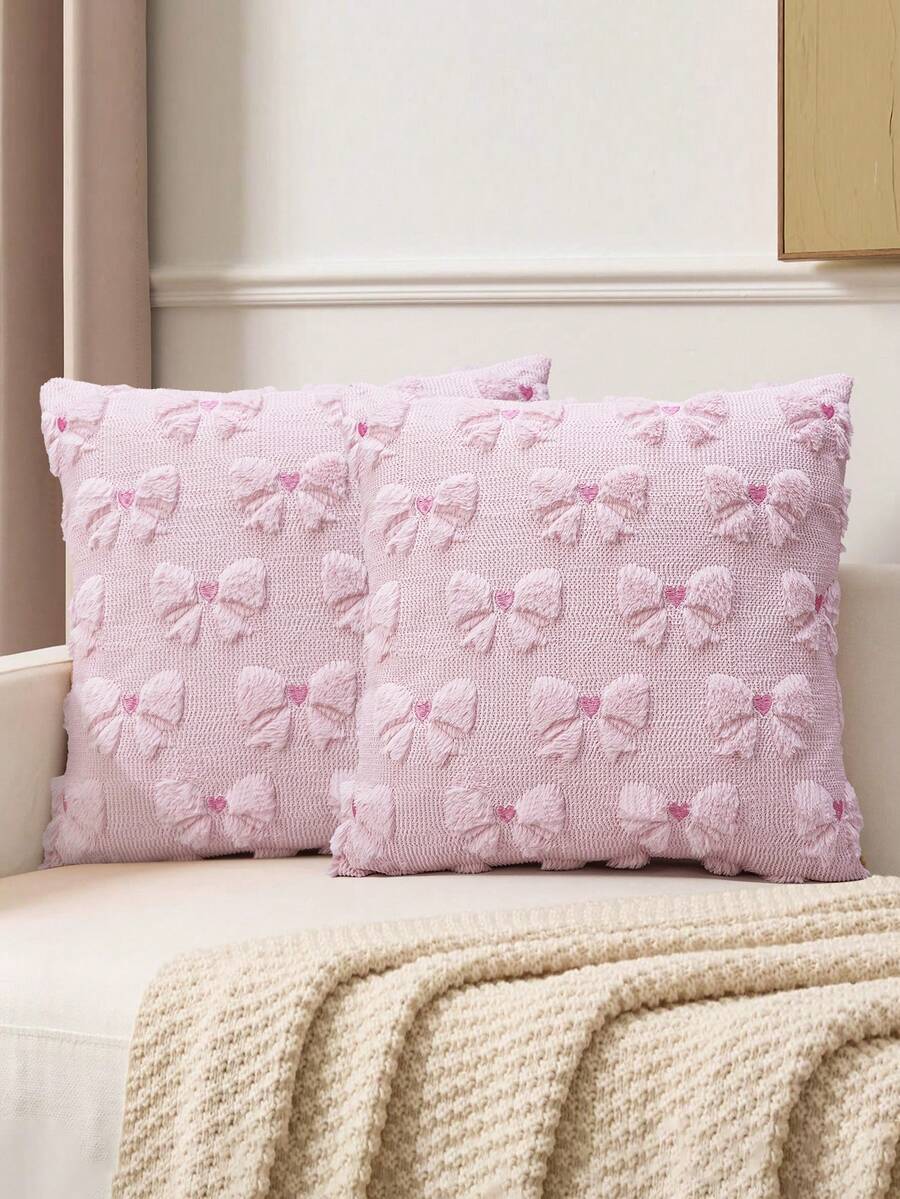 1/2Pcs Farmhouse Pink Bow Pillowcase Plush Square Single-Sided Pillow Cover Living Room Sofa Bedroom Home Decoration Car Cushion Cover Without Pillow Core - Pink - View 1