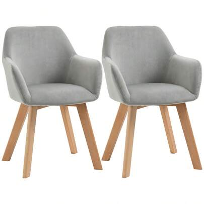 HOMCOM Dining Chairs Set Of 2 Pieces Kitchen Chairs With Armrests And Backrest, Velvet Look Upholstery, Wooden Legs, Gray