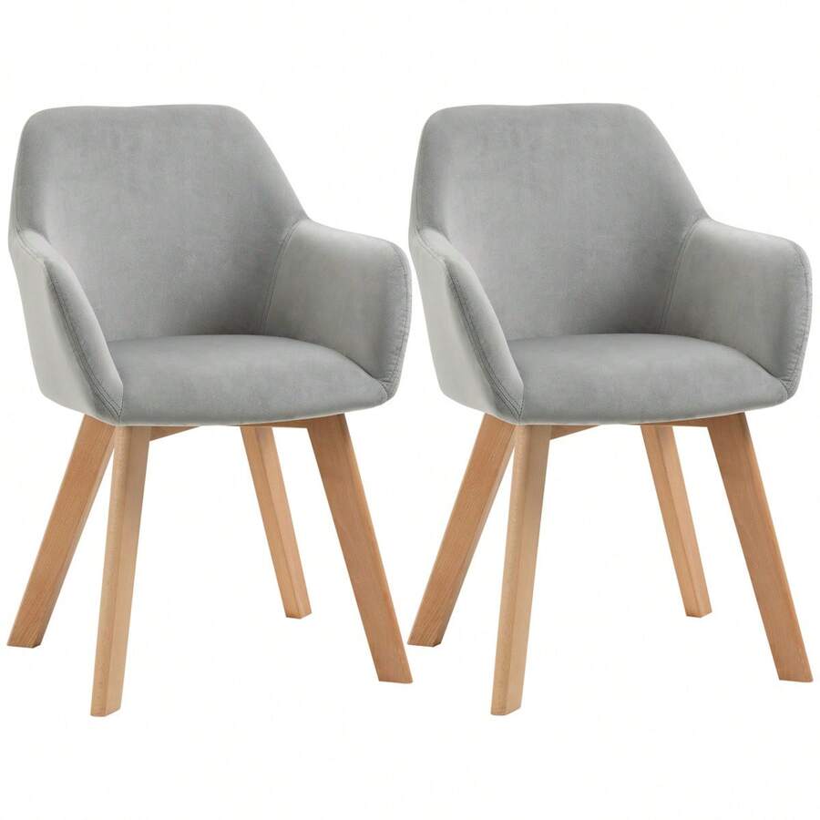 HOMCOM Dining Chairs Set Of 2 Pieces Kitchen Chairs With Armrests And Backrest, Velvet Look Upholstery, Wooden Legs, Gray - 1 - View 1