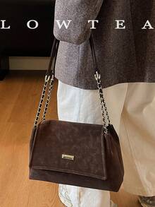 low tea 1 pieza Bolso de hombro de mujer de tela de ante de unicolor, estilo vintage, forma cuadrada, correa de cadena, cierre de solapa, se puede usar como bolso de hombro o bandolera, adec - Café 2 - Ver 6