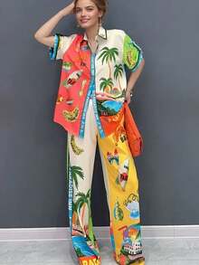 Women's Boho Print Top And Pants Two Pieces Set, Casual Beach Style With Palm Tree, Floral And Leaf Patterns, Button Front Pockets - Multicolor - View 7