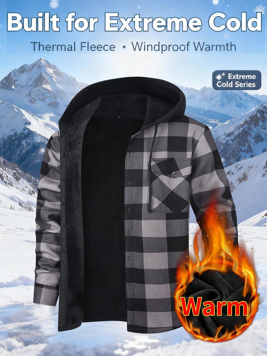 1pc Plaid Flannel Shirt For Men, Hooded Workwear Jacket With Pockets, Warm Padded Winter Plaid Lumberjack Jacket - Flannel Hooded Shirt - Xám - Xem 1