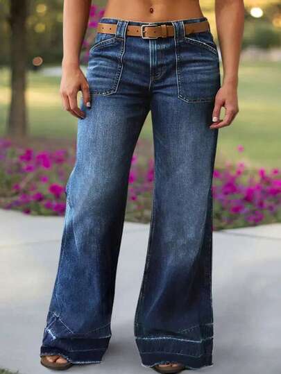 Plus Size Women Loose Fit Wide Leg Distressed Hem Jeans