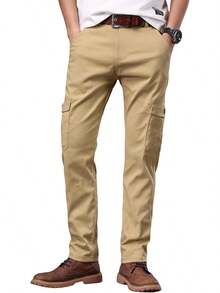 KTMOUW]Pantalones Cargo Clásicos de Sarga para Hombre,Pantalones de Trabajo de Algodón con 6 Bolsillos,Pantalones Casuales para Hombre,Pantalones Cargo de Ajuste Relajado - Negro - Ver 1