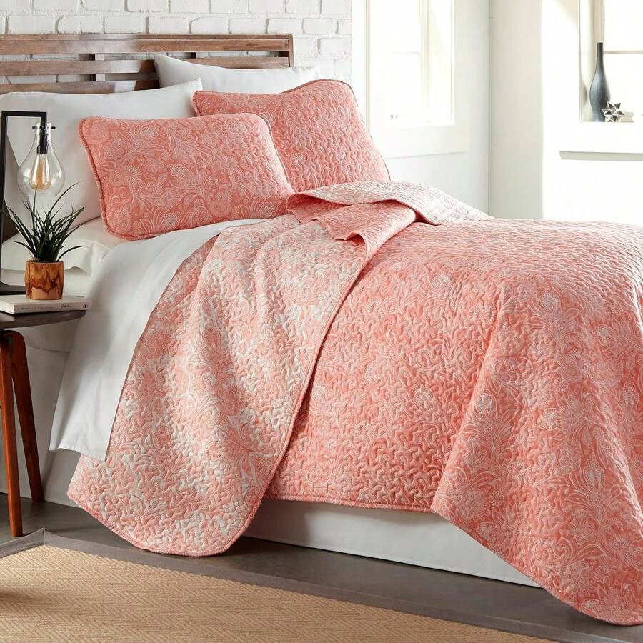 Full/Queen Quilt Bedding Set, Microfiber Quilts Queen Size, Coverlet, Stain & Pet Hair Resistant Bedding, Full Size Bedspread With 2 Pillow Shams, Bone, 2025 - 41 - 完美佩斯利珊瑚霧 - 查看 1