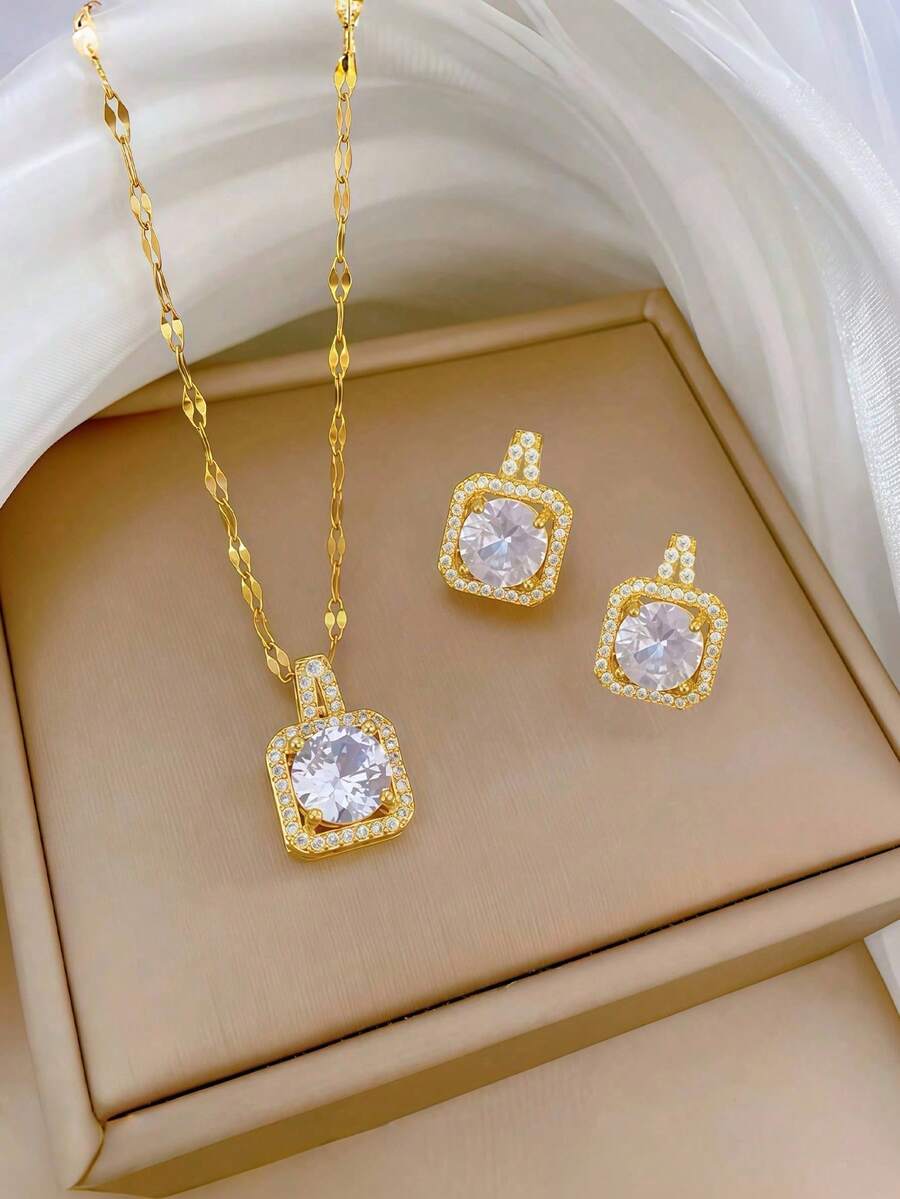 4pcs Sang trọng Hình vuông Zirconia Dây chuyền , Hoa tai , Bộ nhẫn , Thích hợp Cho bữa tiệc & Đầm dạ hội Phụ kiện - Vàng - Xem 1