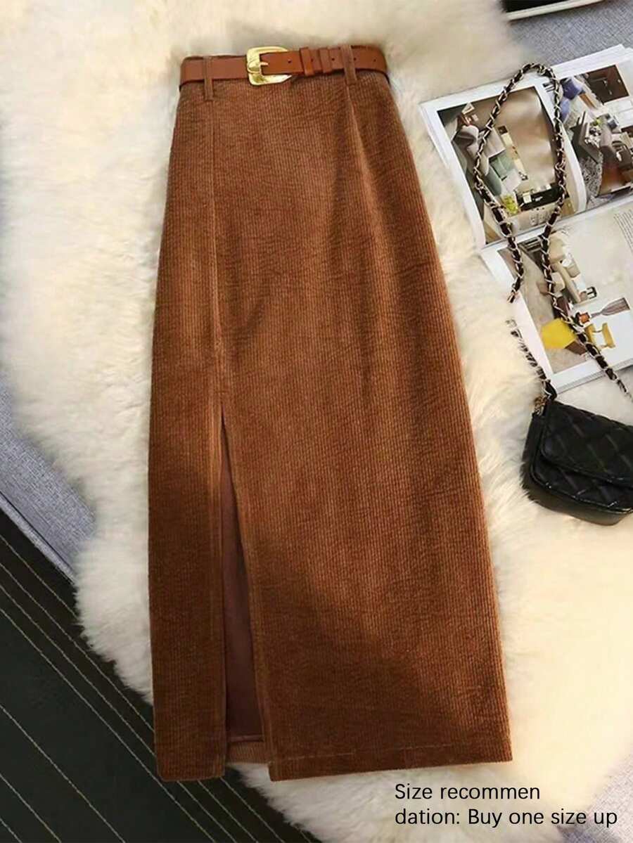 EARO Autumn/Winter Casual Versatile Street Corduroy High Waist Elastic Waist A-Line Skirt, Fashionable Elegant Design, Knee-Length