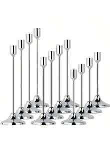 Simple Gold Metal Tapered Candle Holders - Romantic European-Style Decor For Home Candlelit Dinners, Weddings, Room Decor, Home Decor, And Multi-Occasion Holiday Table Decor. Perfect For Christmas, Halloween, Easter,  Thanksgiving, Weddings, Banquets, Parties, As Well As Home And Hotel Decorations. Durable And Easy To Assemble. (Candles Not Included) - 銀色 - 查看 16