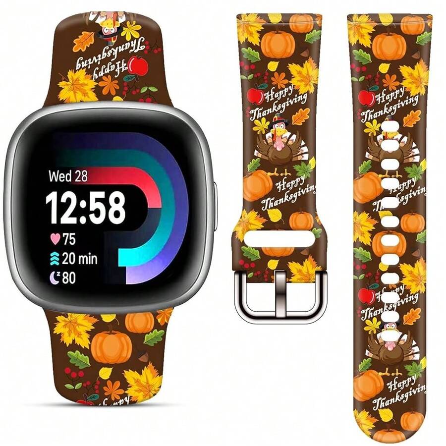 Compatible con la correa del reloj Fitbit Versa 3, Versa 4, Sense, Sense 2, correa de repuesto de silicona con patrón navideño {color_name: Dando las gracias Turquía Café, size_name: Para Versa4/Versa3/Sense2/Sense - Gracias 1givingTurkeyCoffee - Ver 1