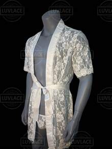 Men's Erotic Lingerie: Sexy Lace Rose-Print Men's Robe + String Thong + Sash, Sexy Sheer Loungewear - 白色 - 查看 2