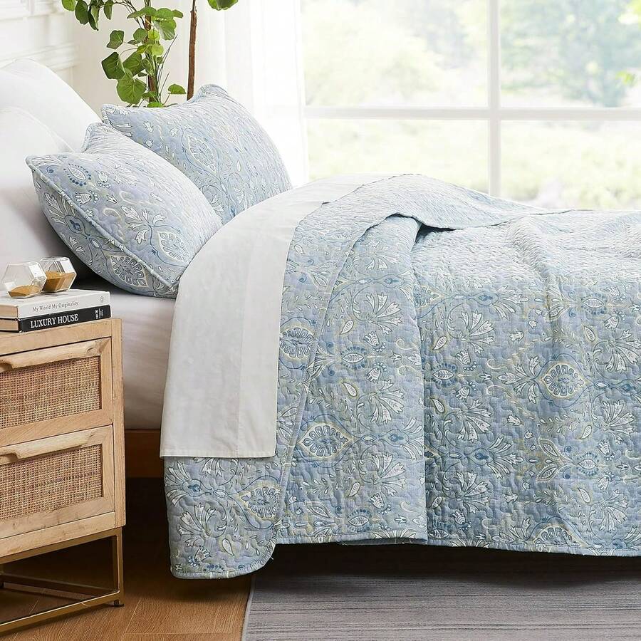 Full/Queen Quilt Bedding Set, Microfiber Quilts Queen Size, Coverlet, Stain & Pet Hair Resistant Bedding, Full Size Bedspread With 2 Pillow Shams, Bone, 2025 - 39 - 佩斯利優雅藍 - 查看 1