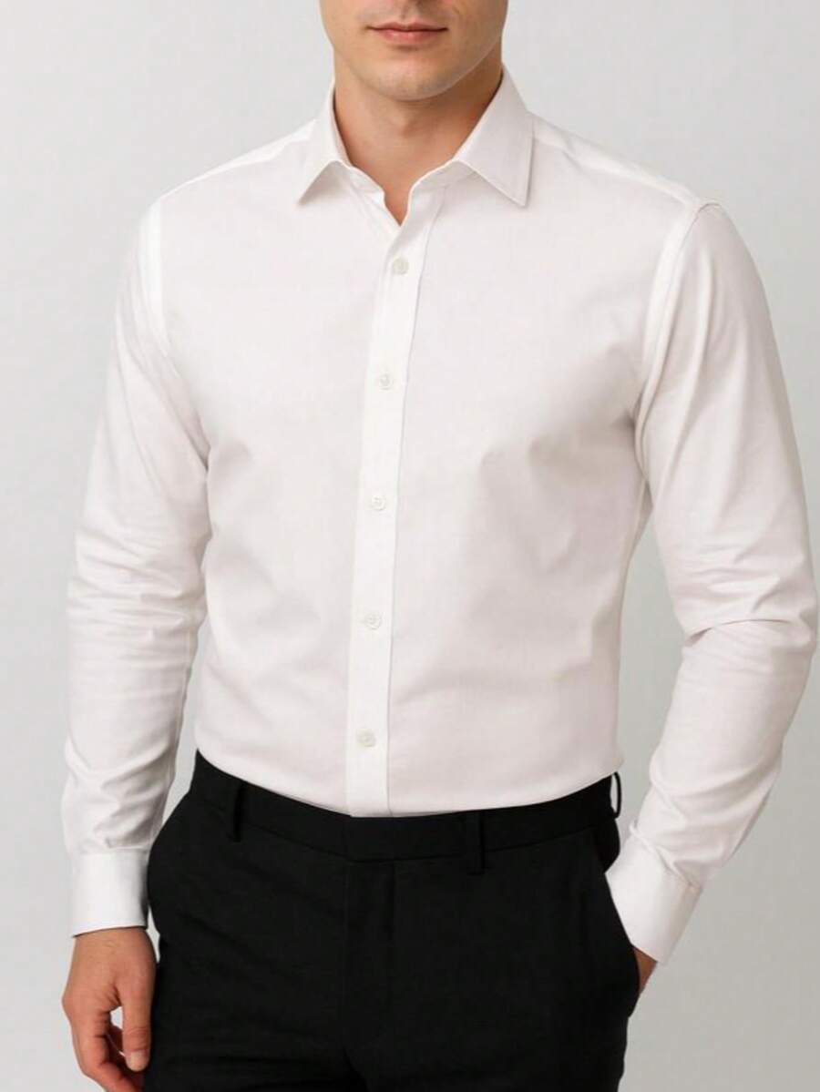 Men's Long Sleeve Button Down Dress Shirt, Slim Fit Casual - 白色 - 查看 1