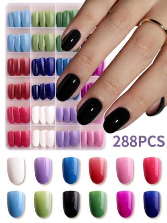 288Pcs Short Oval Acrylic Press On Nails Set With 12 Colors , Manicure Glossy Full Cover Fake Nails, Natural Artificial Nail Tips For Women And Girls Daily Life And Party Use Nail Supplies Nails