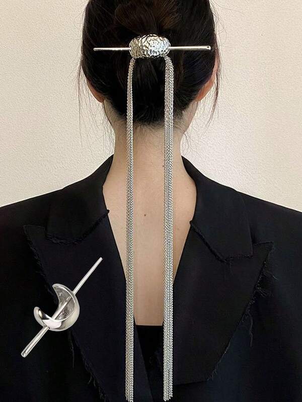 1pc Detachable Dual-Use Women Fashion Elegant Personalized Long Tassel Hair Clip, Silver Moon Bun Hairpin Hair Accessory Set,Gifts,Travel,Gifts For Women,Hair Stuff,Stocking Stuffers