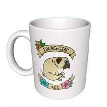 1 Piece 11oz Double-Sided DRAGGIN'  Pug And Floral Pattern Fun Coffee Mug -, Birthday, New Year, Humorous Suitable Him/Her/Female/Male, Coffee Enthusiast, Holiday Drinkware, Exquisite Illustration, High-Quality Craftsmanship - trắng - Xem 3