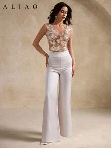 Aliao Floral Crochet Mesh Embroidery Elegant Sexy 3D Sheer Long Sleeve Blouse, Women's Sexy Top, Summer, Dignified, Suitable For Wedding Season, Valentine's Day, White Party, Old Money Style, Palace Style, Eye-Catching, Elegant Daily Wear Spring - Apricot - View 7