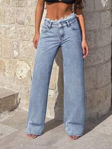 Frayed Hem Fashion Elegant Detail Pocket Button Solid Color Long Pants, Suitable For Spring Summer Autumn Winter All Seasons Daily Casual Outings And Travel, Slightly Small Fit - Light Fried Blue - View 7