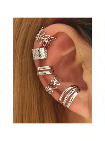 5pcs Women's Leaf Shaped Non Pierced Fake Ear Cuff Earrings Silver Jewelry Set