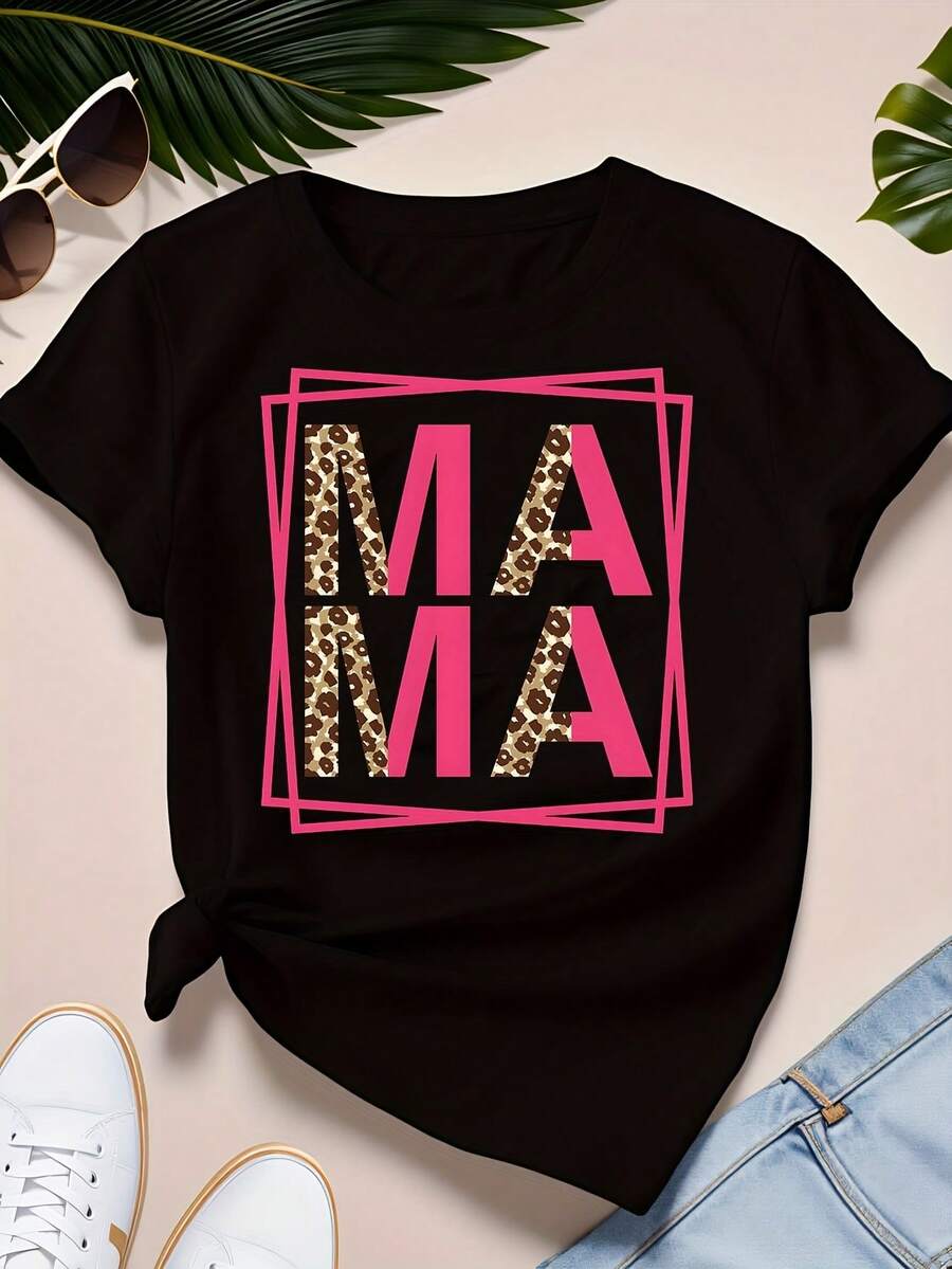 Mama Pink Leopard 1 Pcs Women's Plus Size T-Shirt Funny Oversized Graphic Short Sleeve Tee Novelty 100% Polyester Shirt Casual Crew Neck Top 220g - Black - View 1