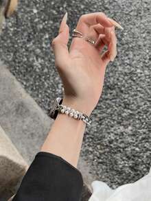 1 pieza de estilo de vacaciones de verano para mujer, estilo de fragancia pequeña con diamantes incrustados y correa de perlas, adecuado para Band 8 Pro/9 Pro, para Mi Band 3/4/5/6/7, 8/8 NFC/9/9 NFC/10/10 NFC, para Watch4/Watch5/Watch6 - Plateado - Ver 6