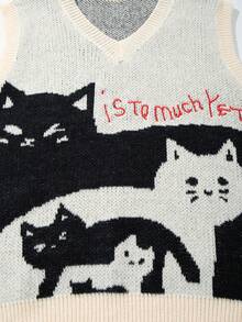 Autumn Winter Funny Cat Jacquard Embroidered Letter V-Neck Sleeveless Vest, Minimalist College Style Casual Loose Fit Unisex Knitted V-Neck Pullover Sweater Top - Apricot - View 8