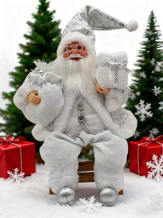 1 pieza Muñeco de peluche de Papá Noel sentado de 14 pulgadas, hecho a mano con traje blanco y plateado, viene con bolsa de regalo y presente, excelente para escritorio de oficina en el hogar, decoración de fiesta de Navidad, decoración navideña del hogar, decoración de escena, figura de Papá Noel (taburete no incluido)