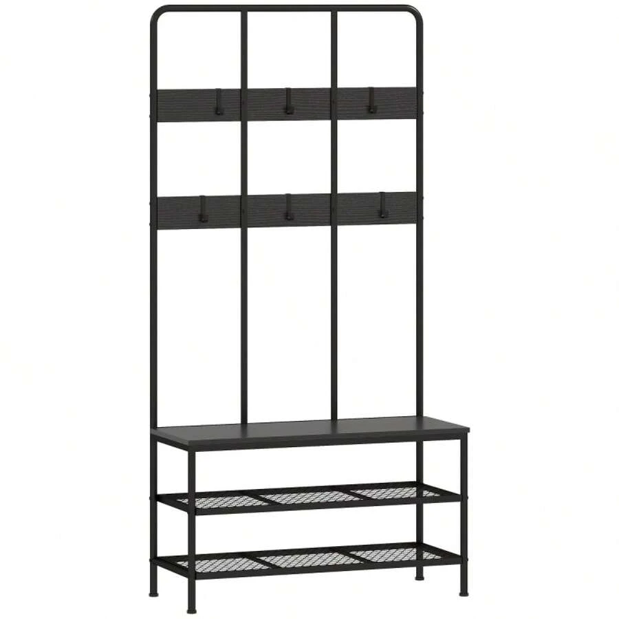 HOMCOM 3-In-1 Wardrobe, Clothes Rack, Bench, Shoe Rack, Metal, Support Plate, Black - 1 - View 1