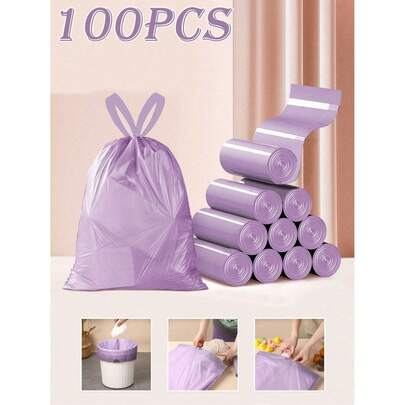 100 túi rác dây rút màu tím, túi rác nhựa chất lượng cao, túi rác nhiều màu sắc, thích hợp cho nhà bếp, phòng tắm, phòng ngủ, phòng khách, sử dụng trong gia đình - Túi rác di động