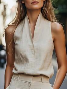 Women's Sleeveless Casual Commuter Tank Top, European Style - Apricot - View 1