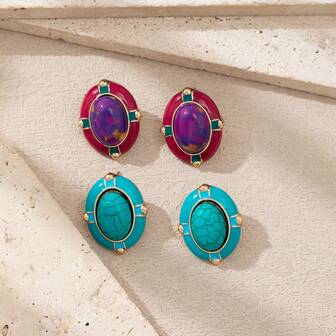 1 par de pendientes de botón con diseño geométrico esmaltado bohemio vintage y turquesa sintética, estilo retro adecuado para que las mujeres los usen en fiestas, festivales y ocasiones diarias