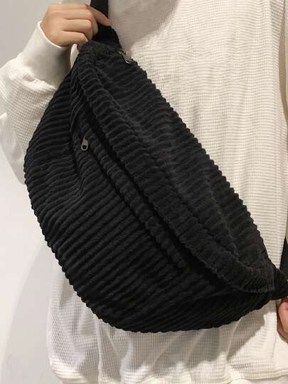 Simple Corduroy Chest Bag, Large Capacity Crossbody Bag, Retro Solid Color Waist Bag For Outdoor Sport