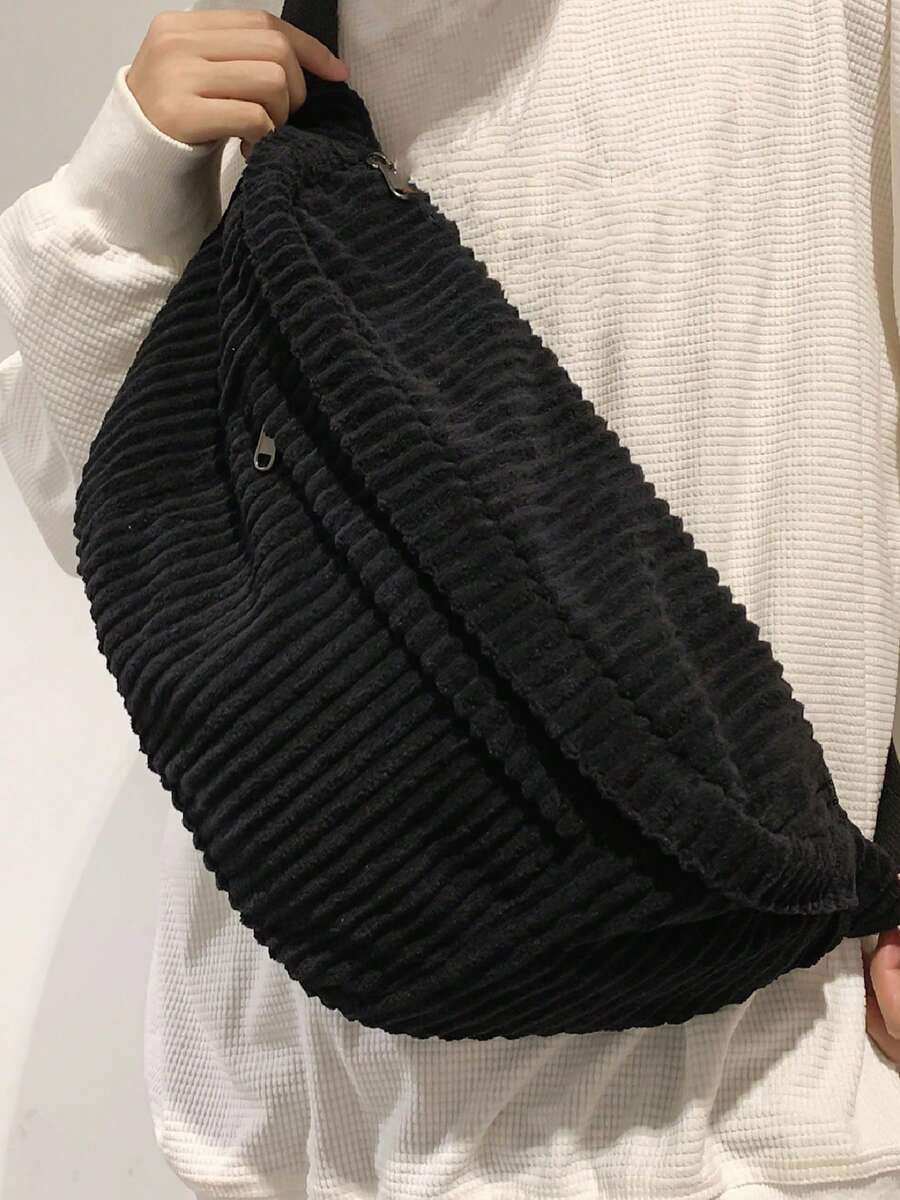 Simple Corduroy Chest Bag, Large Capacity Crossbody Bag, Retro Solid Color Waist Bag For Outdoor Sport - Black - View 1