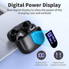 AuswaurAudifonos inalambricos, audífonos bluetooth, indicador de batería LED, auriculares internos impermeables IPX5 con micrófono para TV, teléfono inteligente, computadora portátil y deportes - Negro - Ver 7