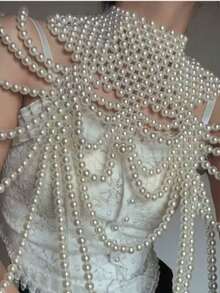 1pc Handmade Woven White Faux Pearl Necklace, Unisex Body Chain, Women's Beaded Necklace, Fashion Jewelry For Wedding, Party, Carnival, Runway Show, Gift - White - View 6