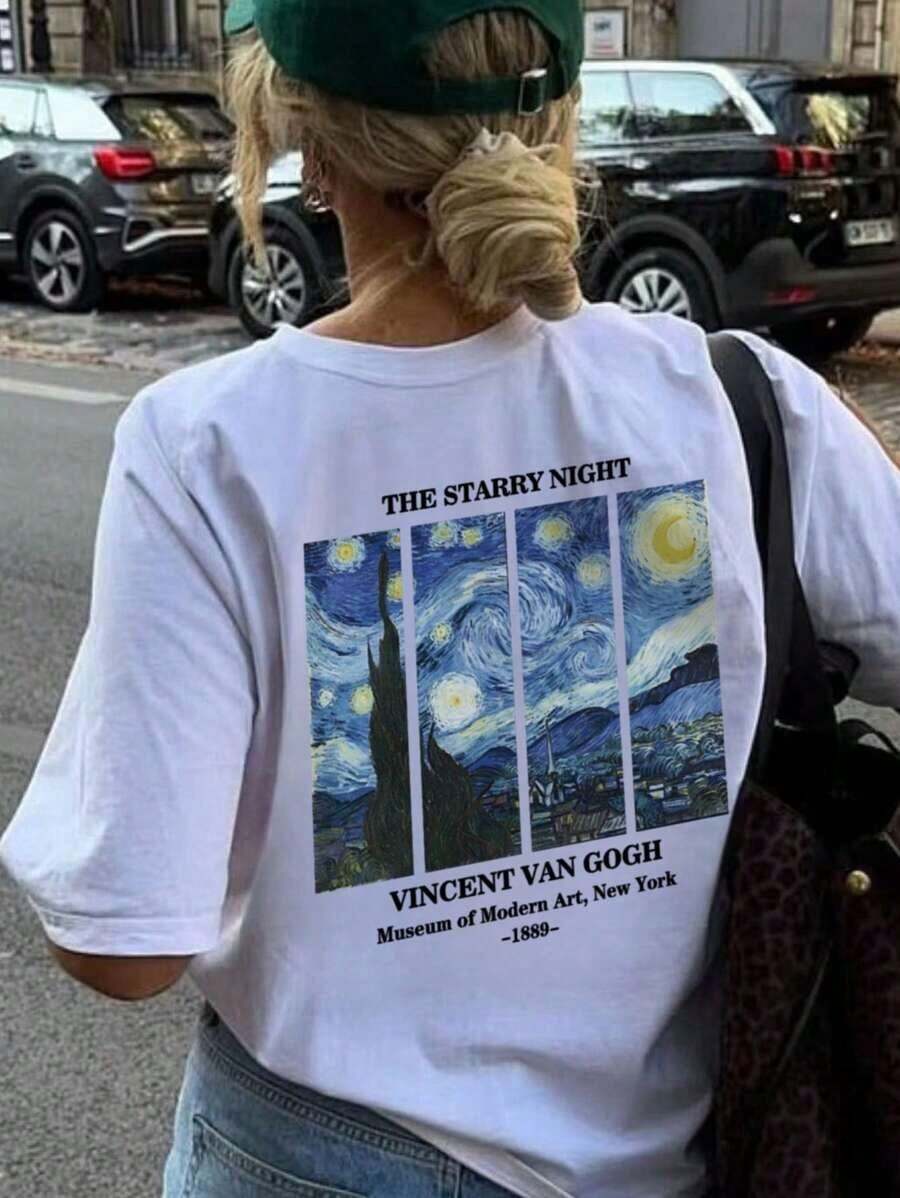 Women's Summer Personalized Letter Printed Pattern Round Neck-Shirt Fashionable And Versatile Women's Half Sleeve Small Shirt With Van Gogh Starry Print. Graphic Tees Women Pink Top White Top Black Top - 白色 - 查看 1
