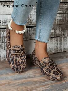 Sepatu Loafer Wanita Berongga dengan Dekorasi, Ujung Bulat, Anti Selip, Kasual, Motif Leopard, Ringan & Nyaman - MultiWarna - View 4